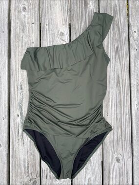 HILOR | Olive One-Shoulder Ruffle Ruched Tummy Control Beach Swimsuit | Size 16